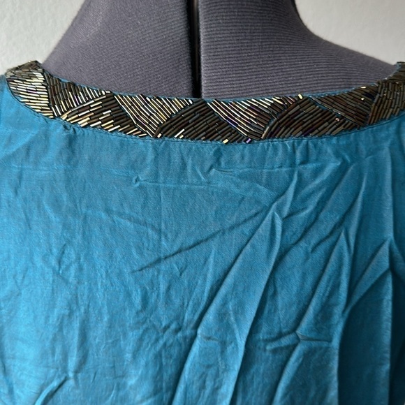 Kenzie Pretty dress Bohemian beaded neckline, teal black lined size large - Picture 5 of 12